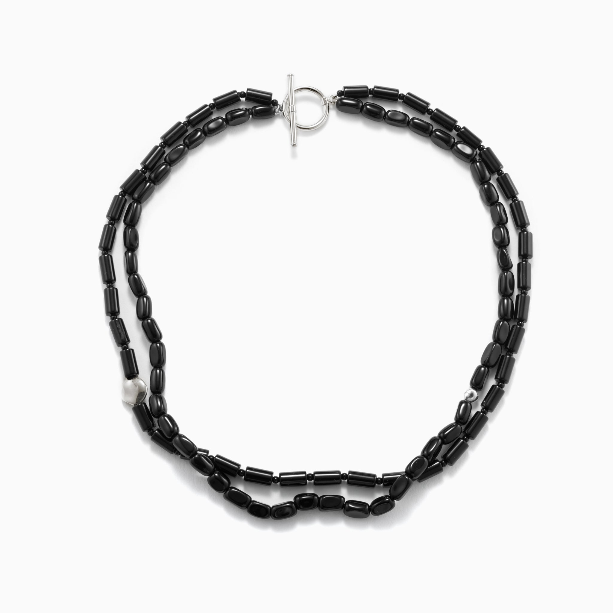 Black onyx beaded double strand necklace with .925 sterling silver accents on white background