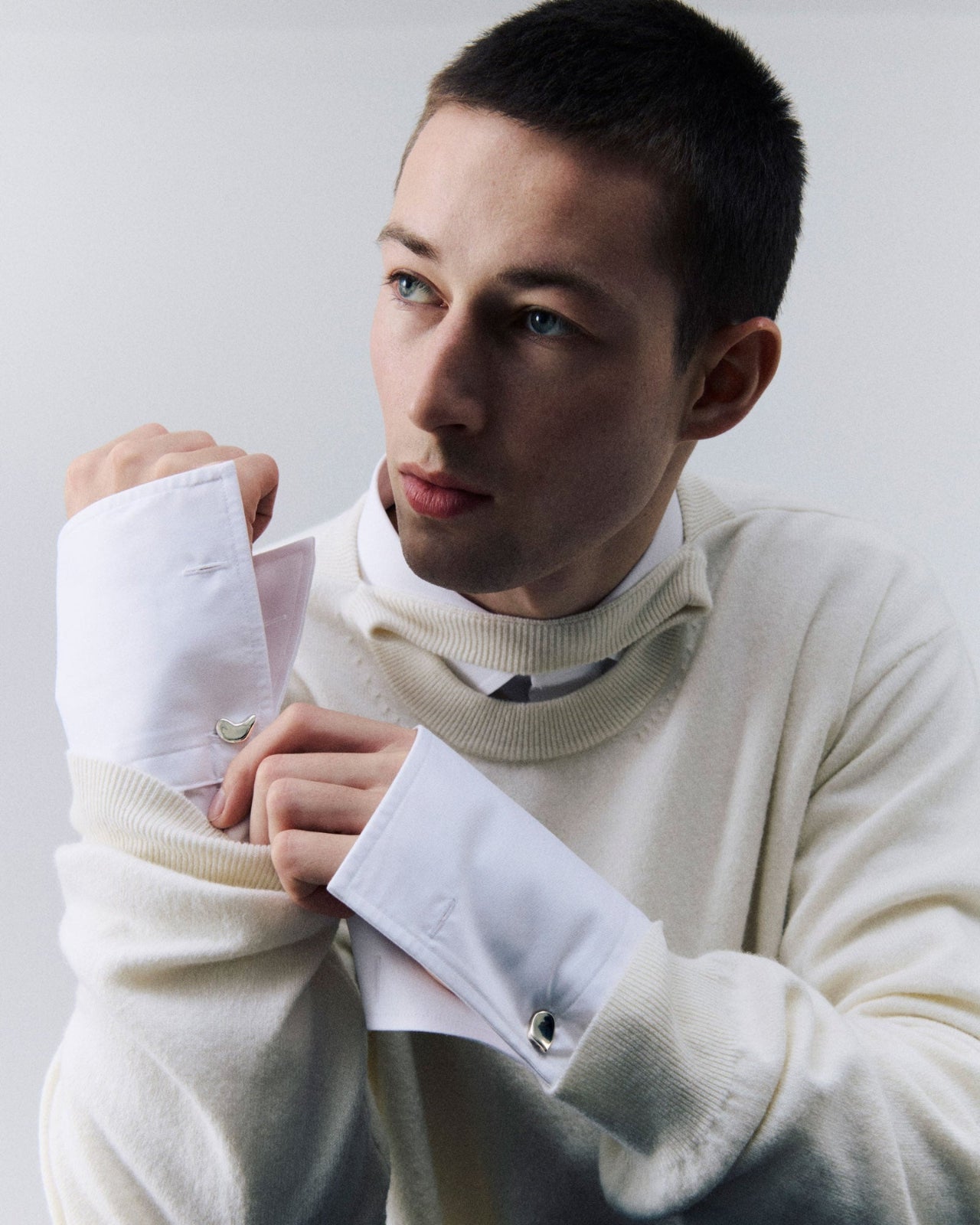 Male model wearing .925 sterling silver AGMES cufflinks 