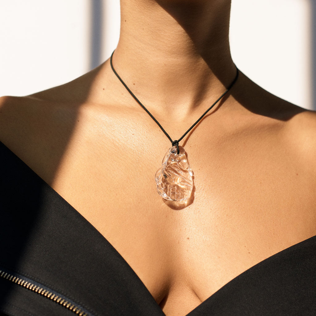 AGMES Hand-blown Venetian Glass Clear Emma Pendant on Black Suede Cord Necklace. 