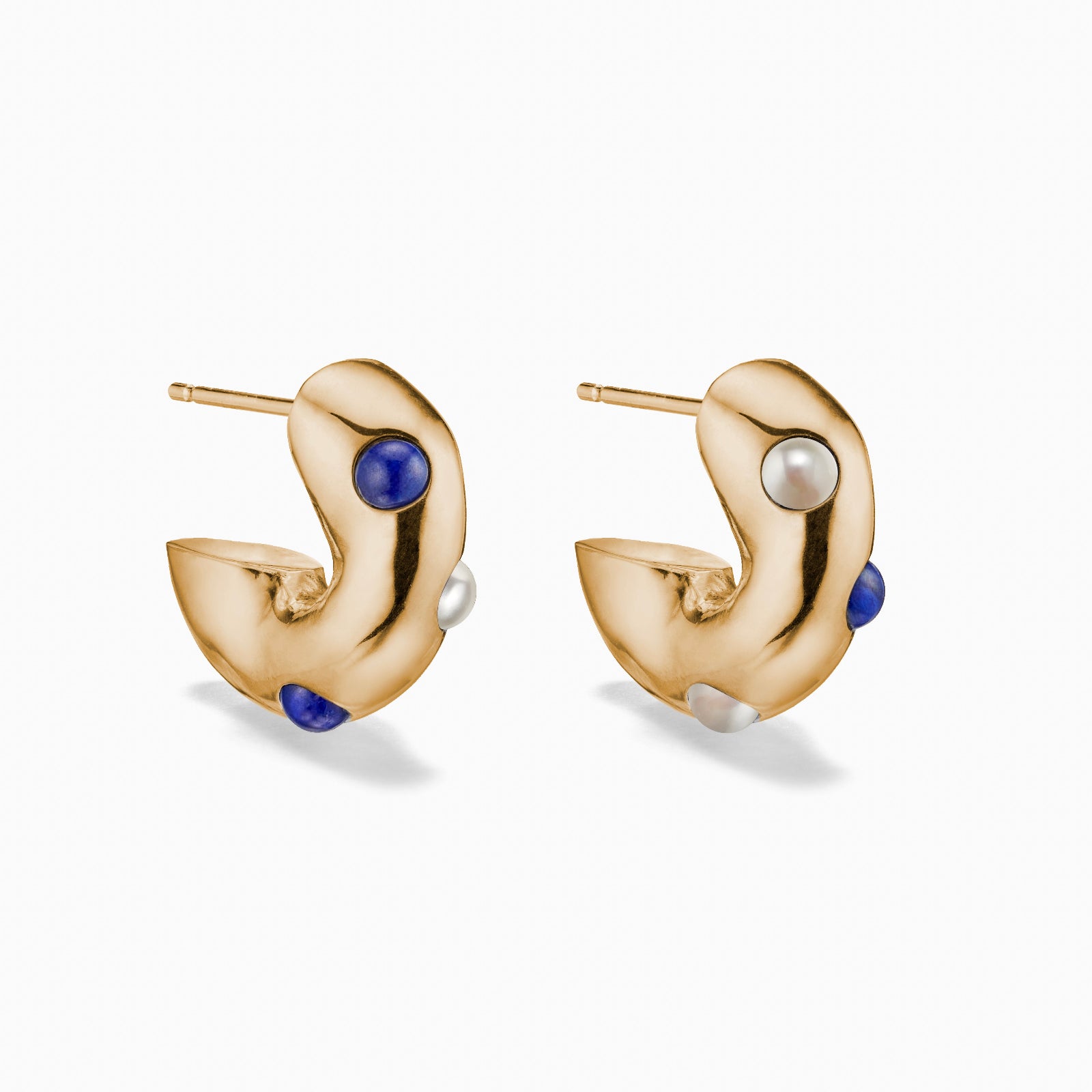 AGMES 18K Gold Vermeil Logan Hoop Earrings with Freshwater Pearls and Lapis Stones. 