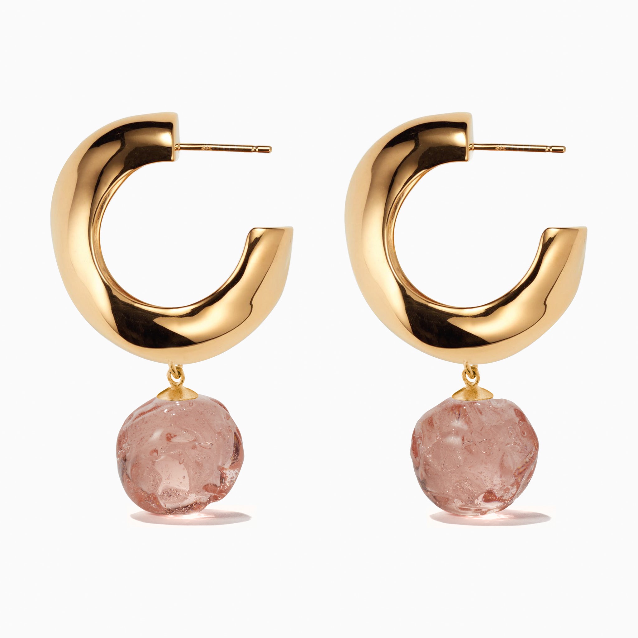 AGMES yellow gold vermeil medium Cleo hoop earrings with rose glass bead drop on white background.