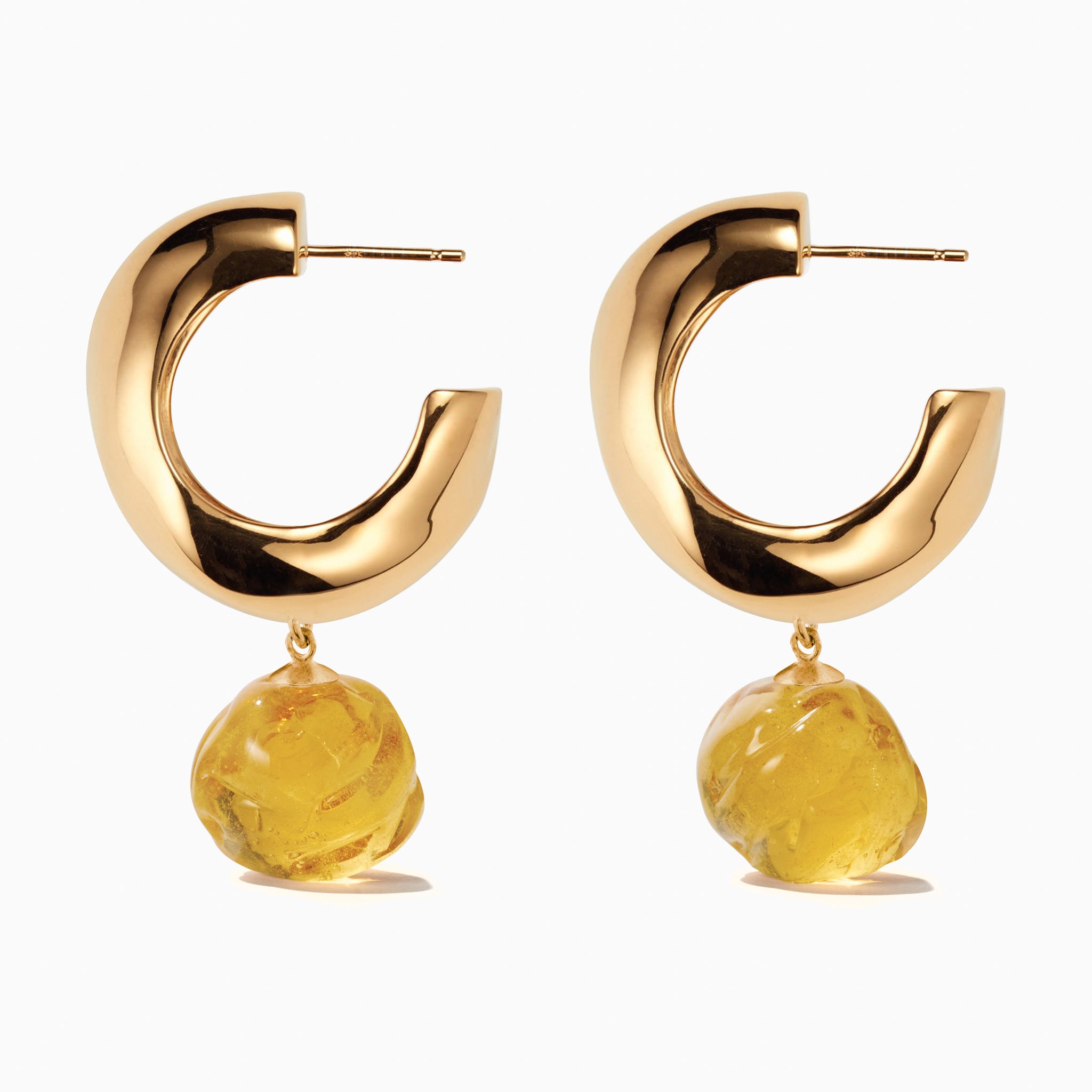 AGMES yellow gold vermeil medium Cleo hoop earrings with yellow glass bead drop on white background.