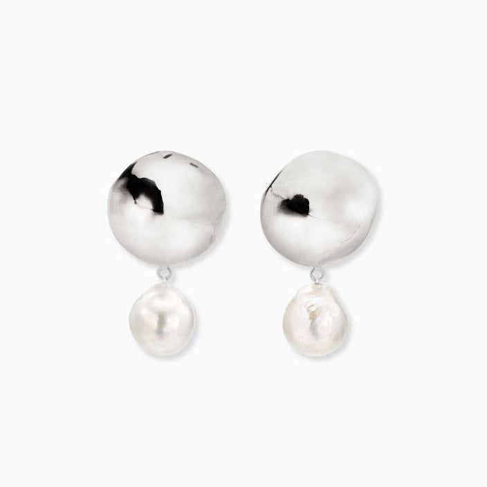 AGMES 0.925 sterling silver disc earrings with freshwater pearl drop.