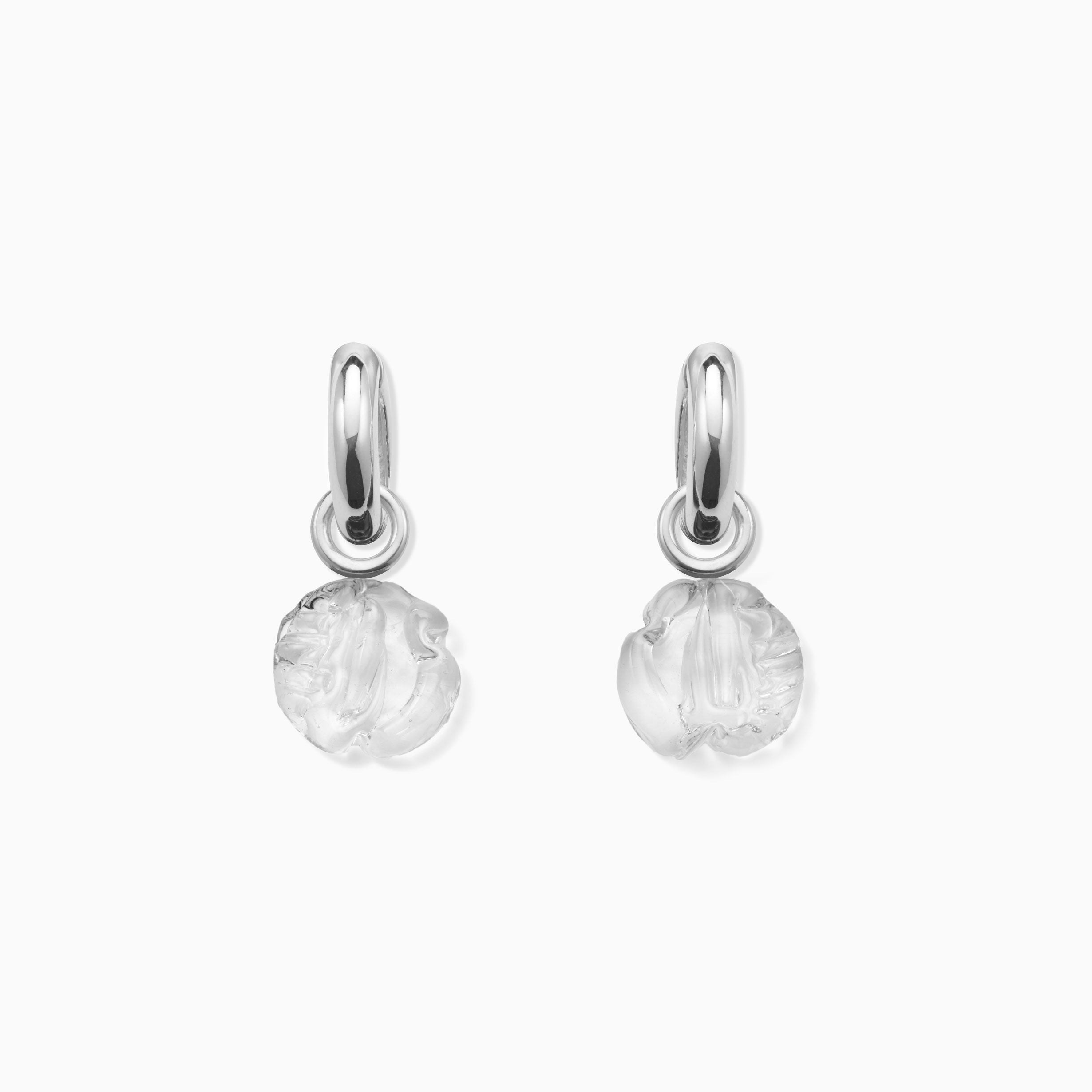 AGMES .925 sterling silver hoop earrings with clear glass bead drop on white background.