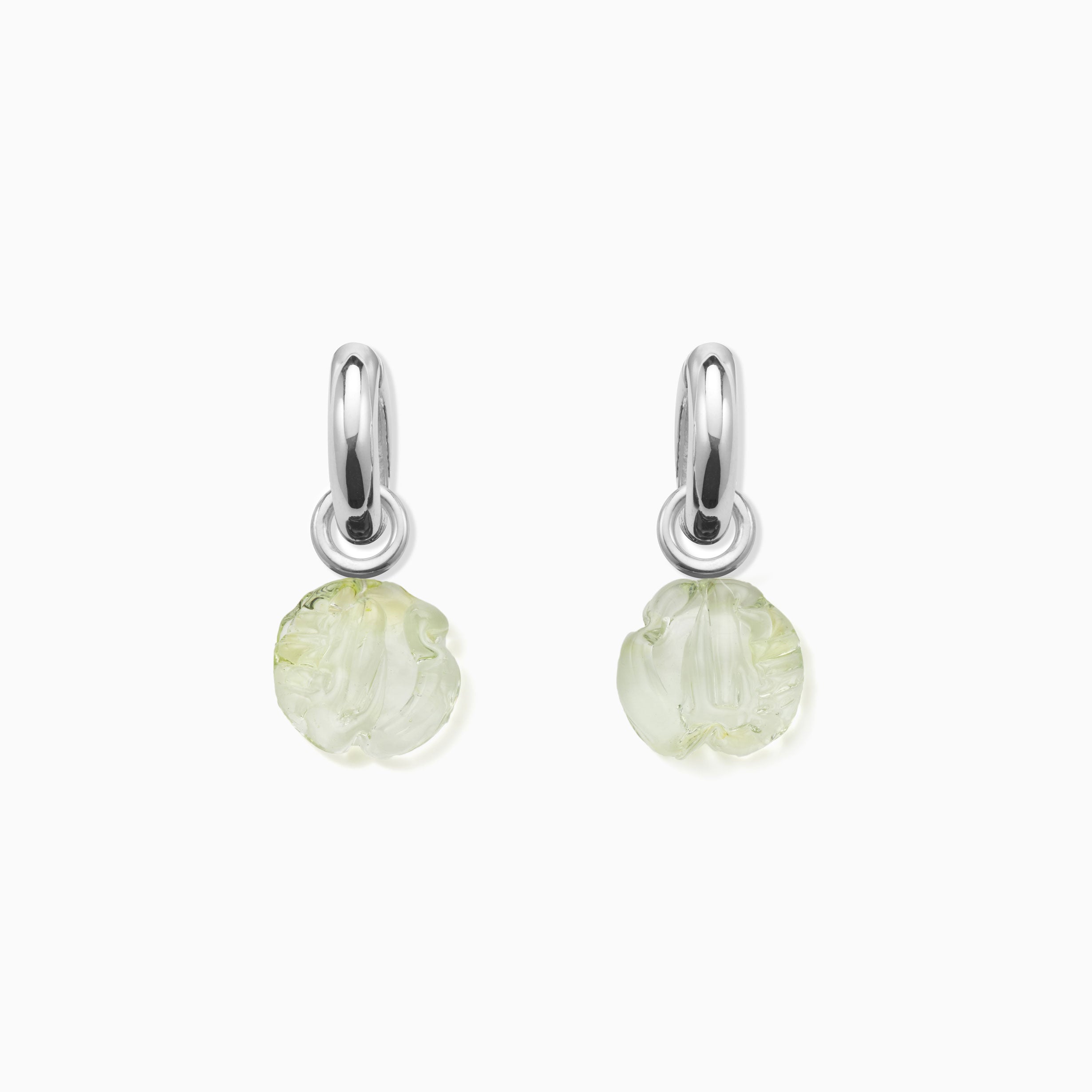 AGMES .925 sterling silver hoop earrings with light green glass bead drop on white background.