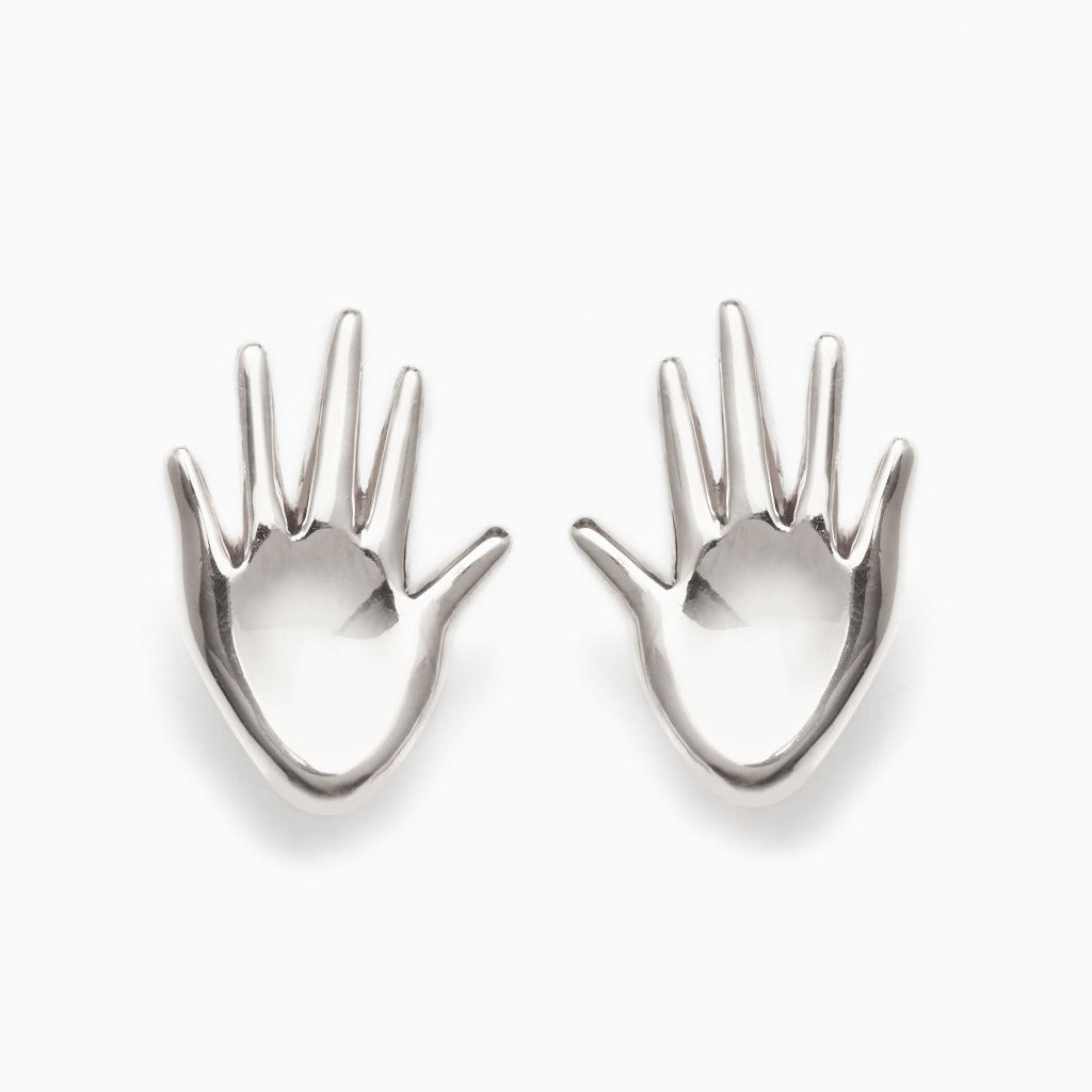 AGMES 0.925 sterling silver abstract hand earrings on white background.