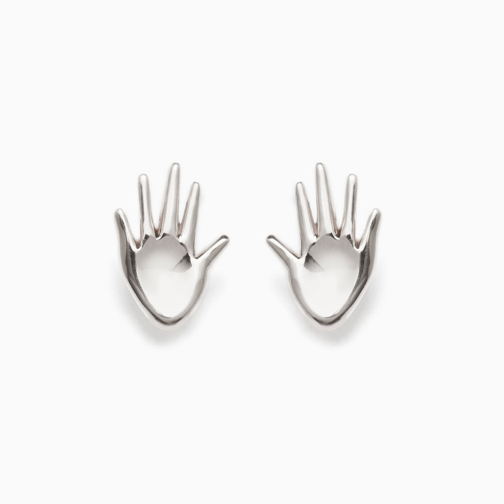 AGMES 0.925 sterling silver small hand shaped stud earrings.