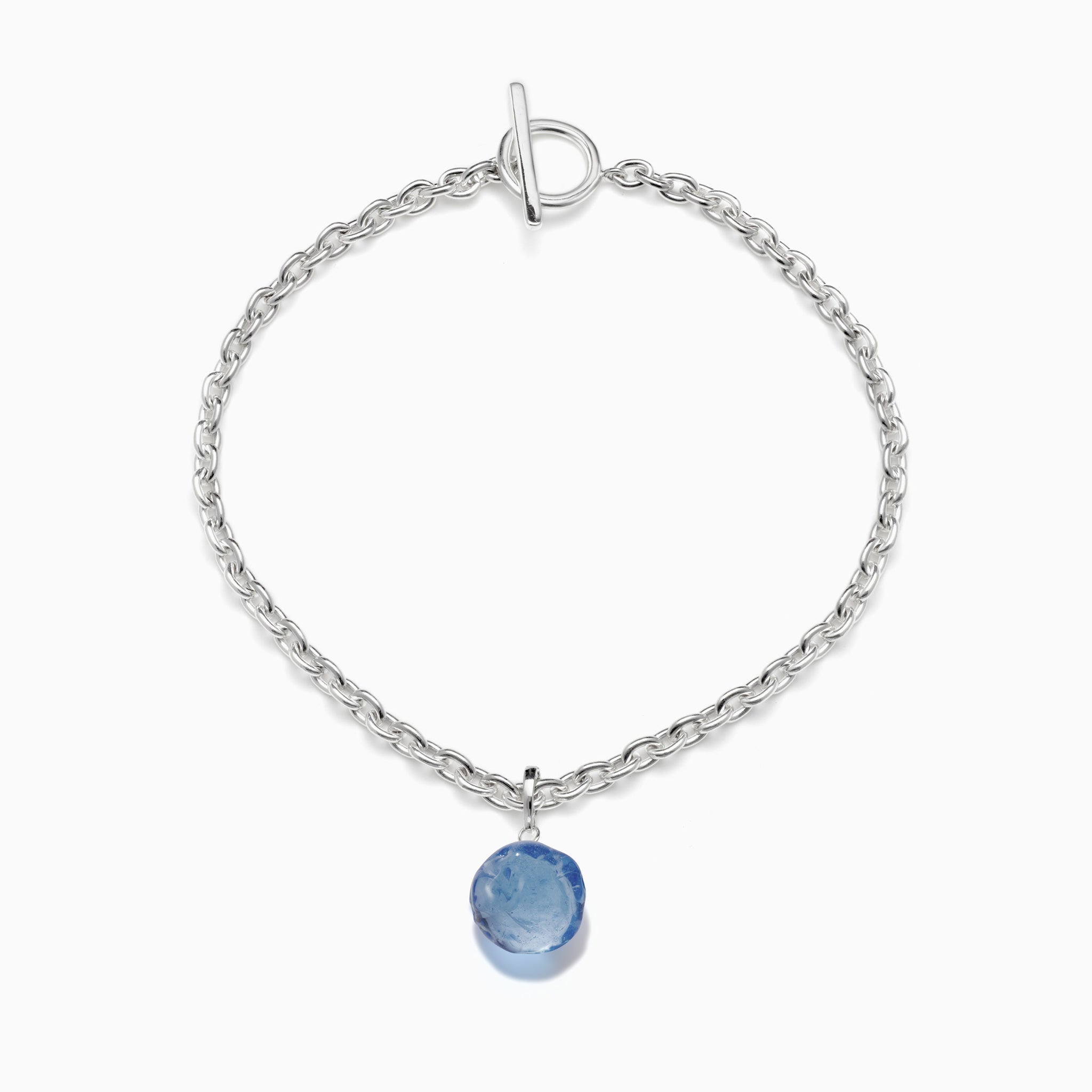 AGMES 0.925 Sterling Silver Zanni Necklace with Blue Soda Lime Glass Bead  