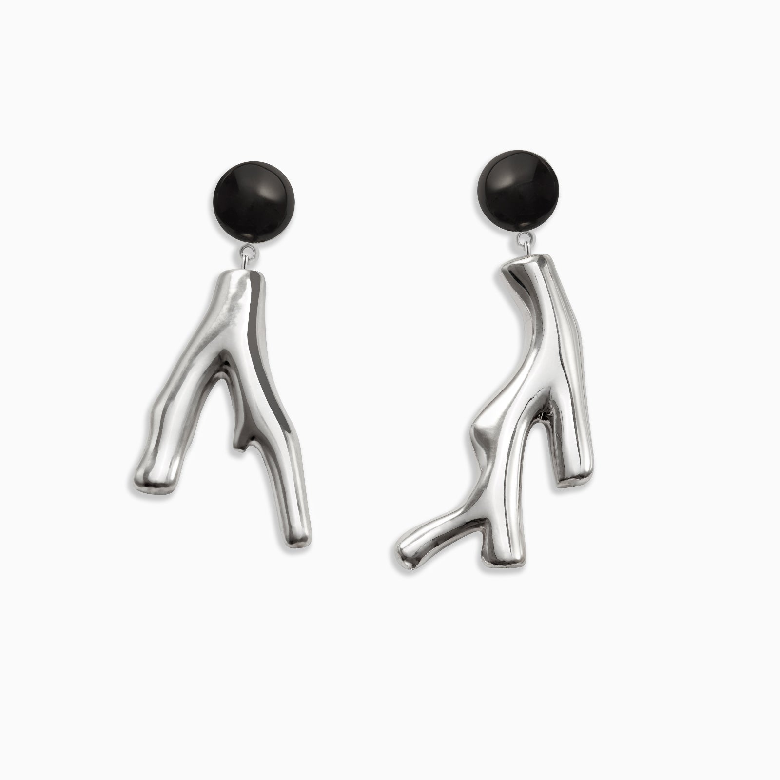 AGMES 0.925 sterling silver coral drop earrings with an onyx top on white background.