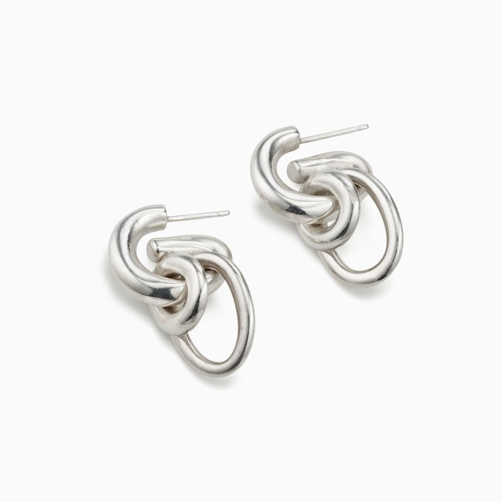 AGMES 0.925 sterling silver double drop ellipses hoop earrings.