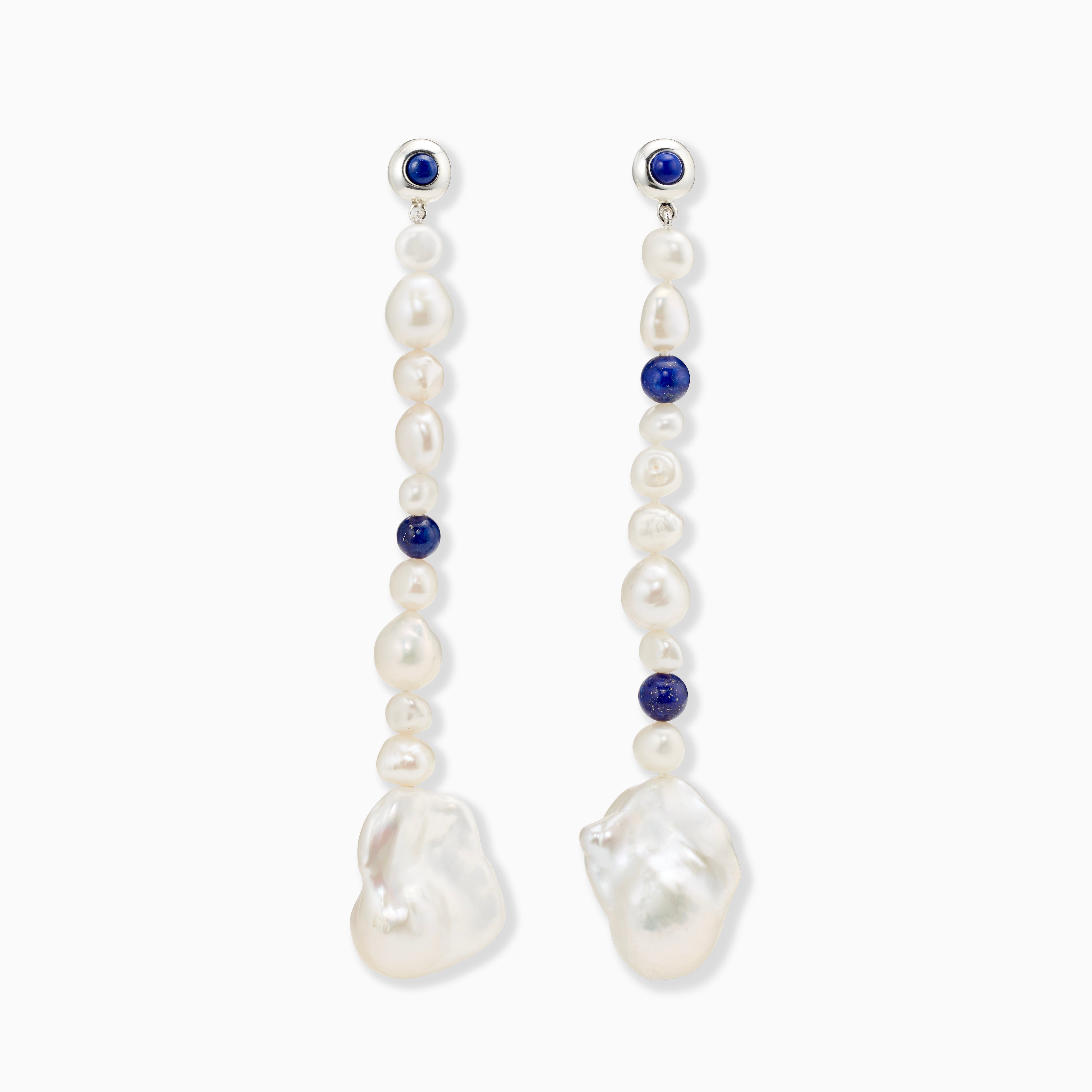 AGMES .925 Sterling Silver Long Kait Earrings with Baroque Pearl and Lapis Stone on white background. 
