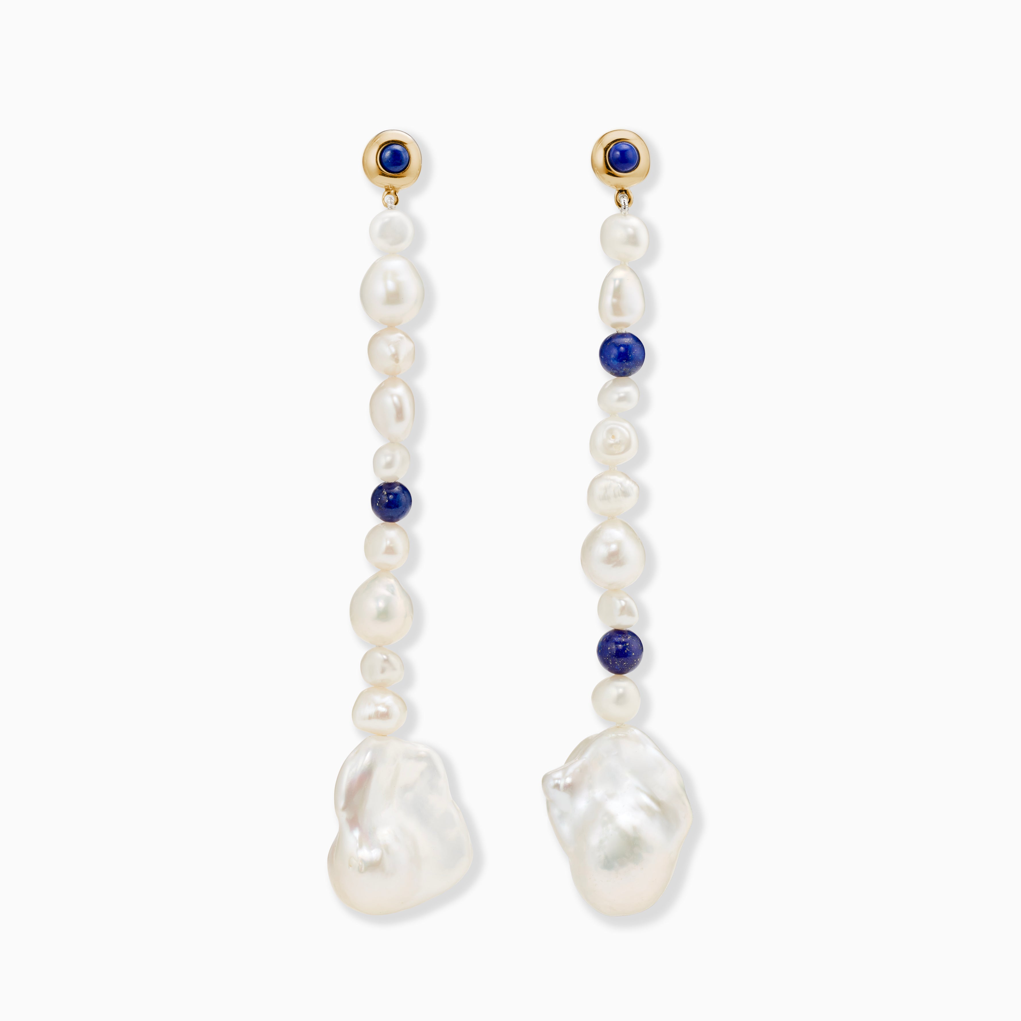 AGMES 18K Gold Vermeil Long Kait Earrings with Baroque Pearl and Lapis Stone on white background. 