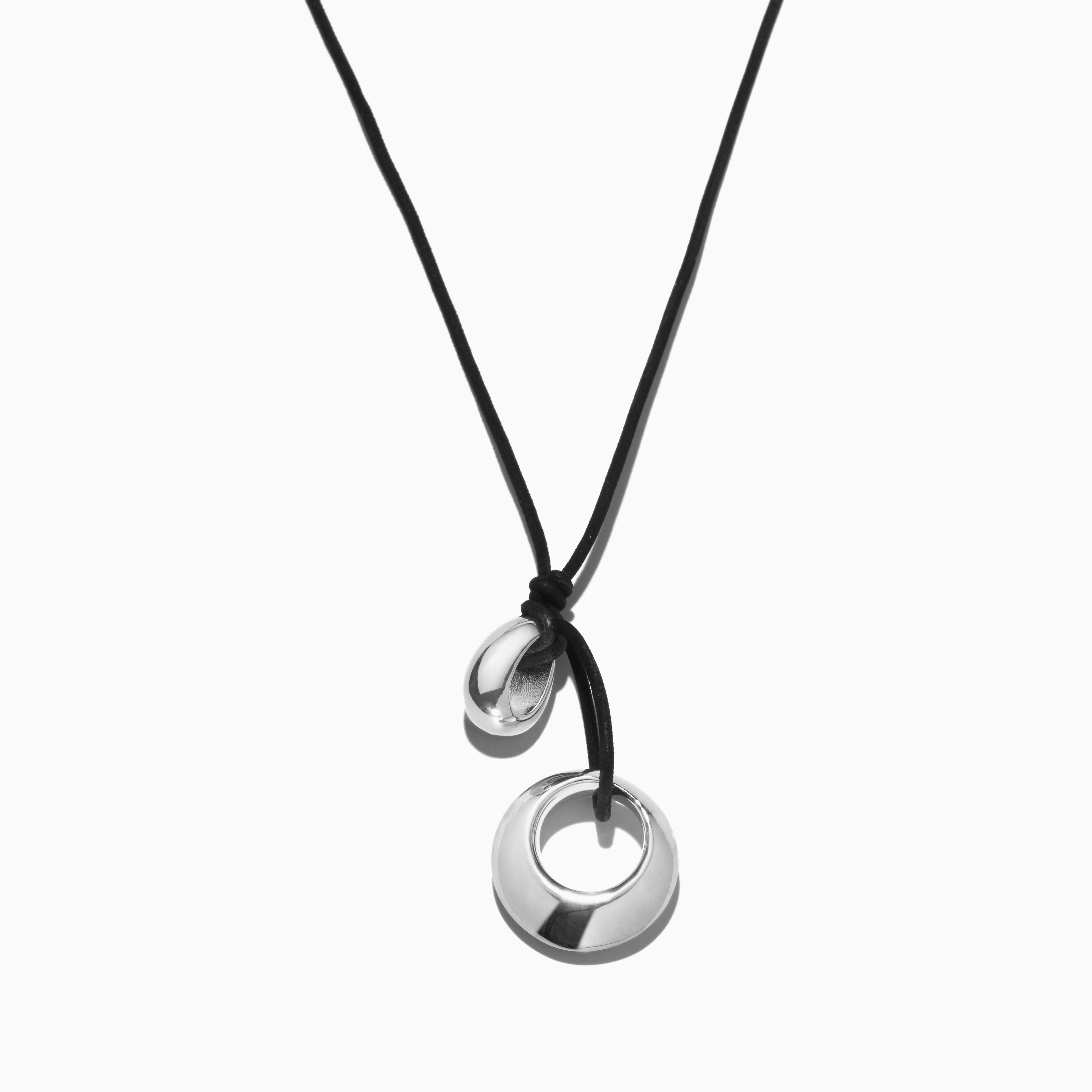 AGMES .925 Sterling Silver Rae Pendant with Black Suede Cord necklace on white background.