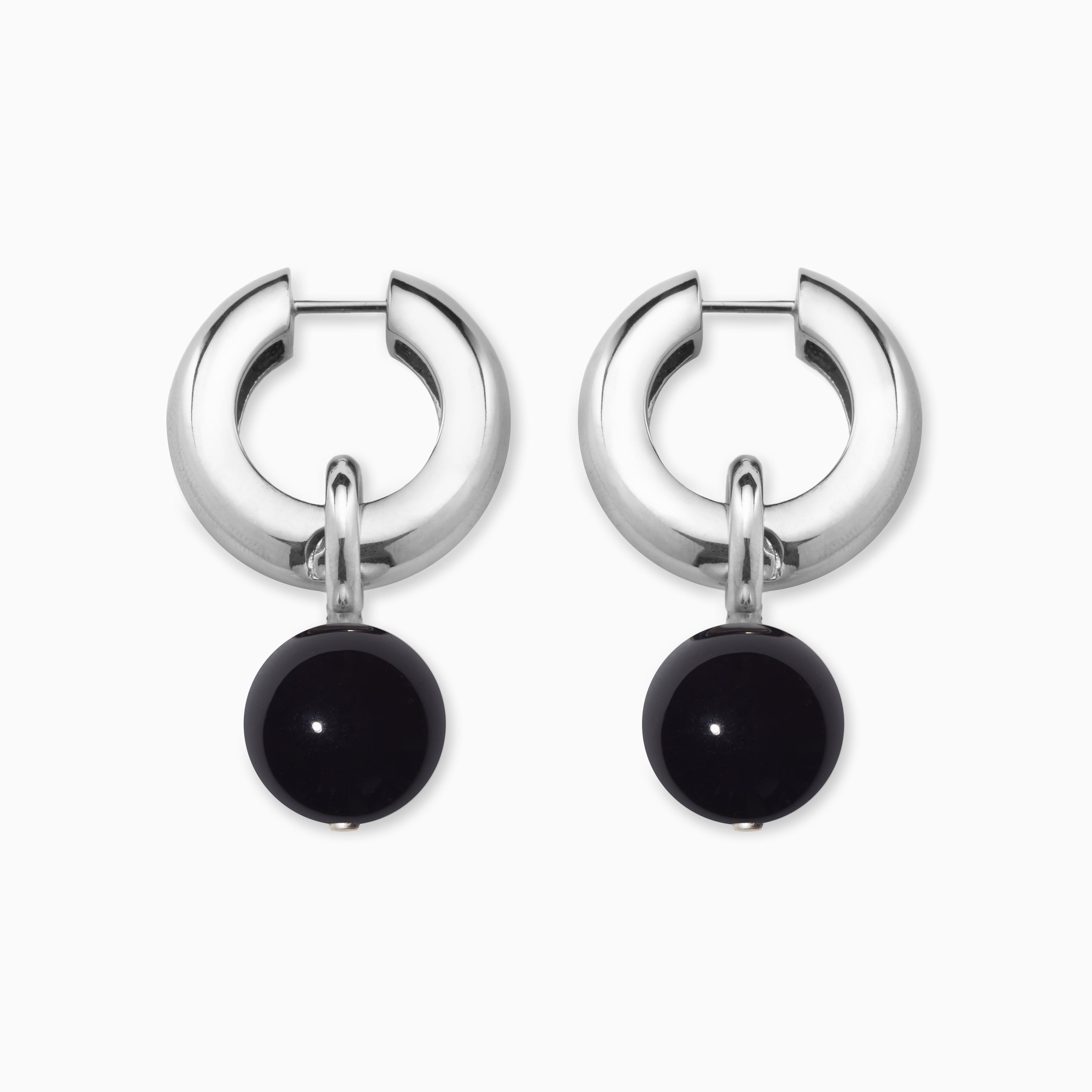 AGMES 0.925 sterling silver Sonia hoops with onyx drop embellishments.