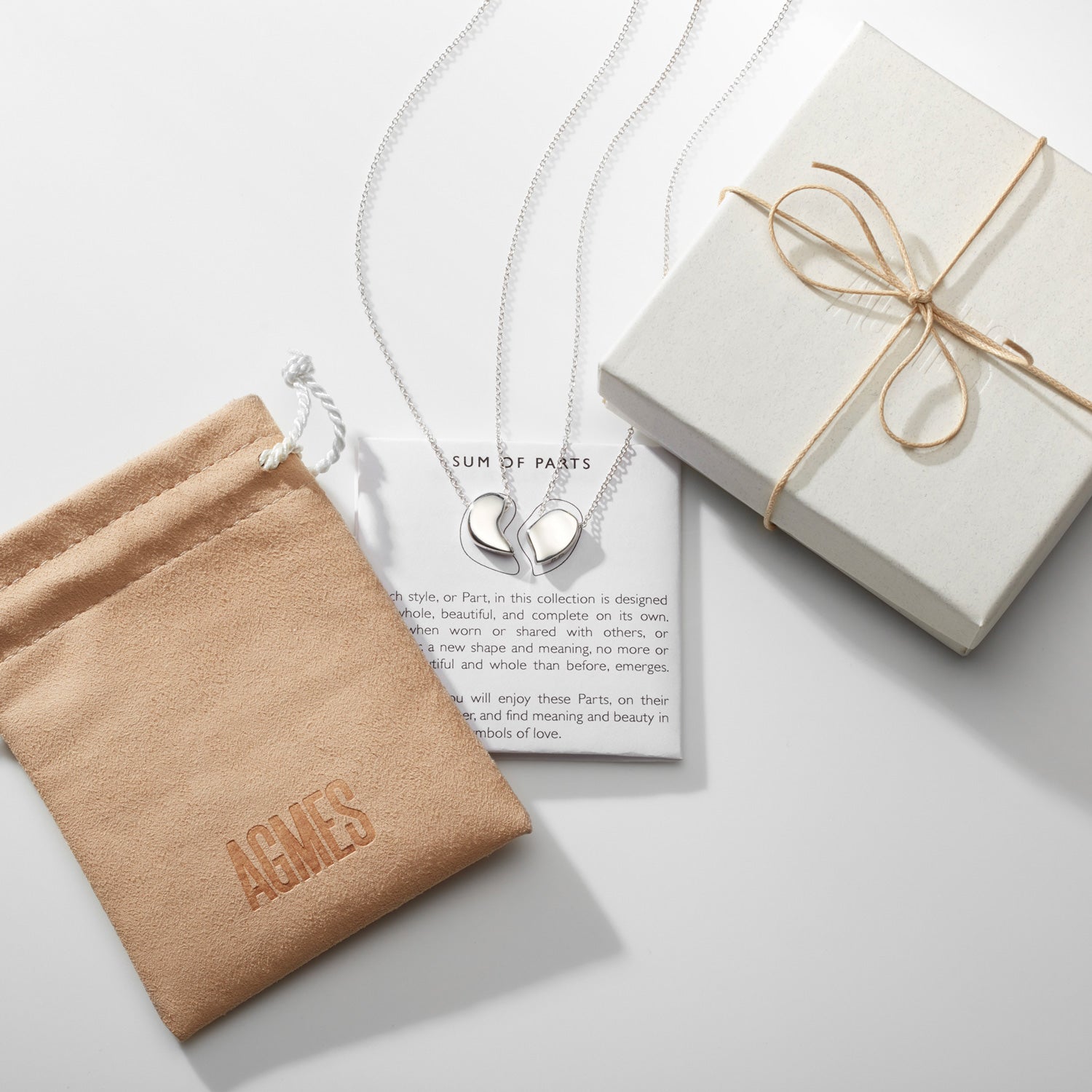 AGMES .925 Sterling Silver Sum of Parts Pendant Set. Modern connecting heart necklace. Displayed with gift box.