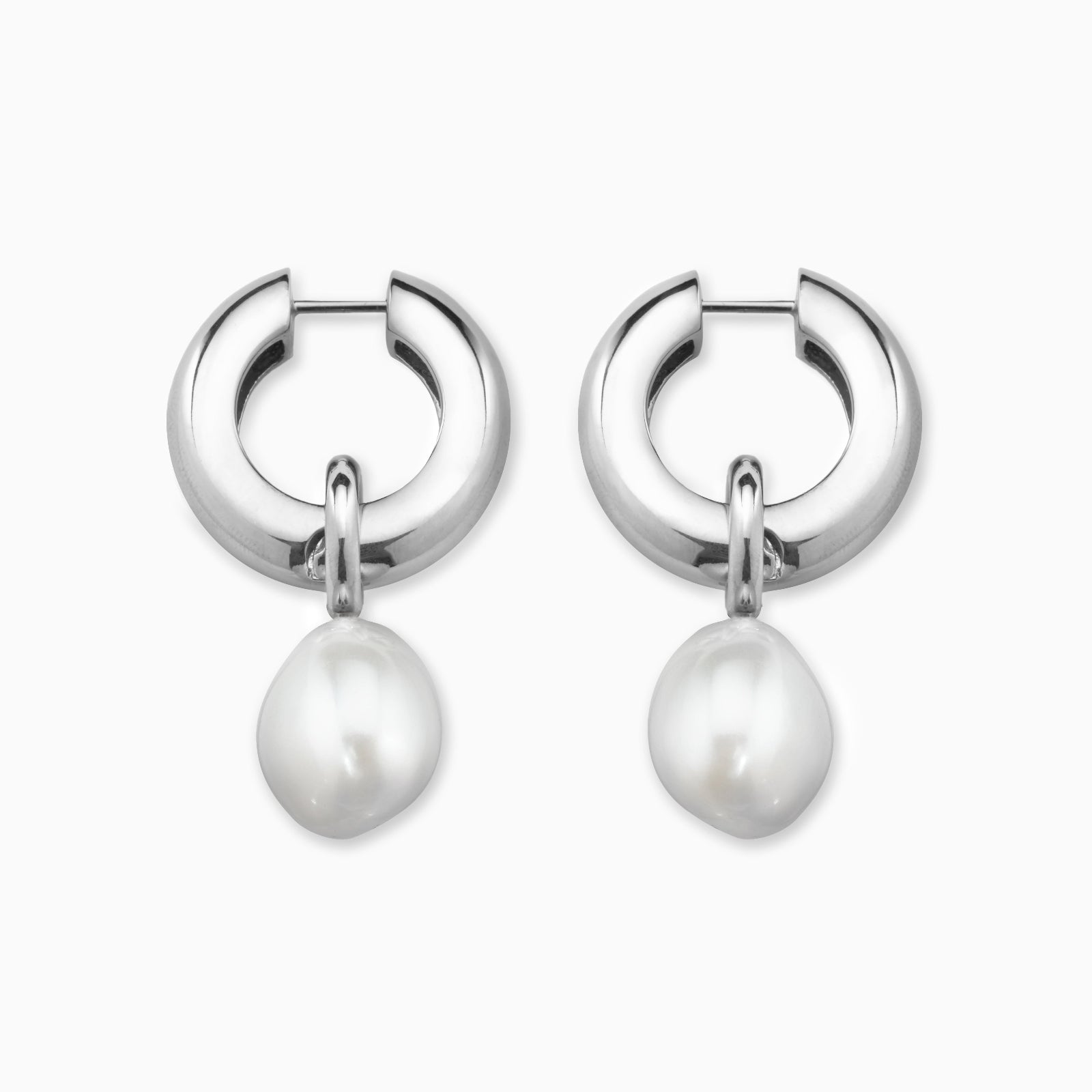 AGMES 0.925 sterling silver hinged hoop earrings with freshwater pearl drop embellishments.