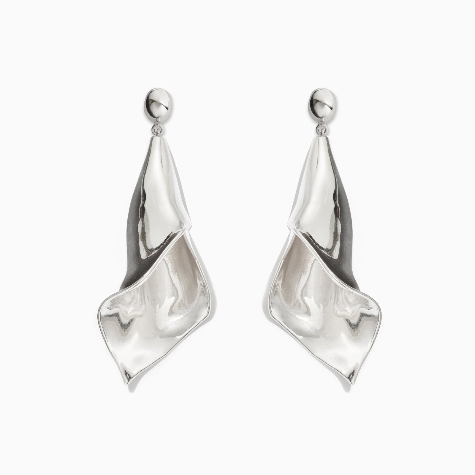 AGMES .925 sterling silver drop Medium Calla Earrings on white background.