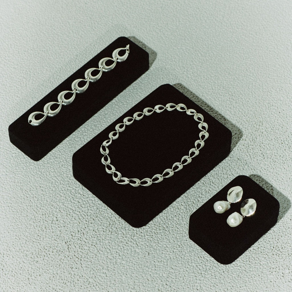 AGMES .925 Sterling Silver Thin Tilda Necklace. Tilda Bracelet. Baroque Stella Earrings